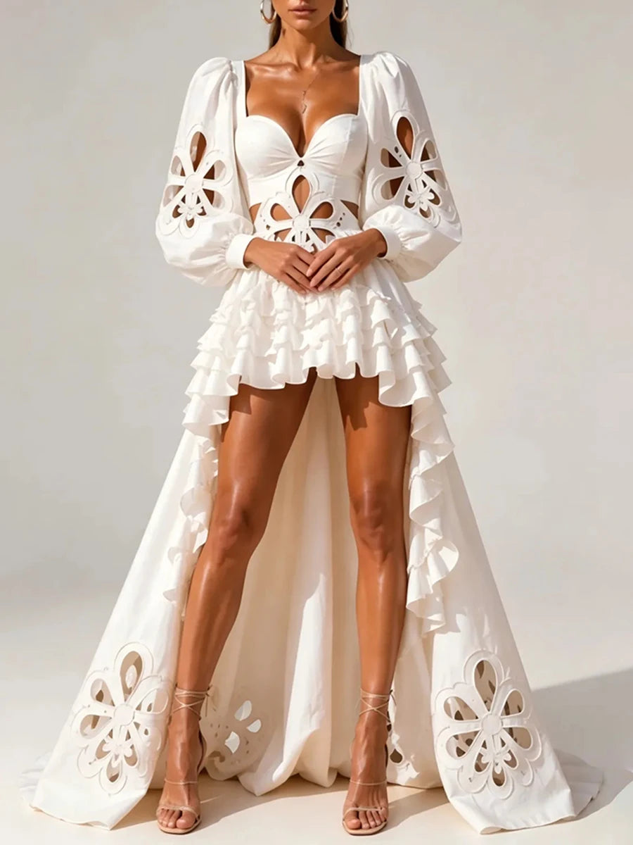 White Floral Cutout Puff Sleeve Gown With Asymmetric Train for Women