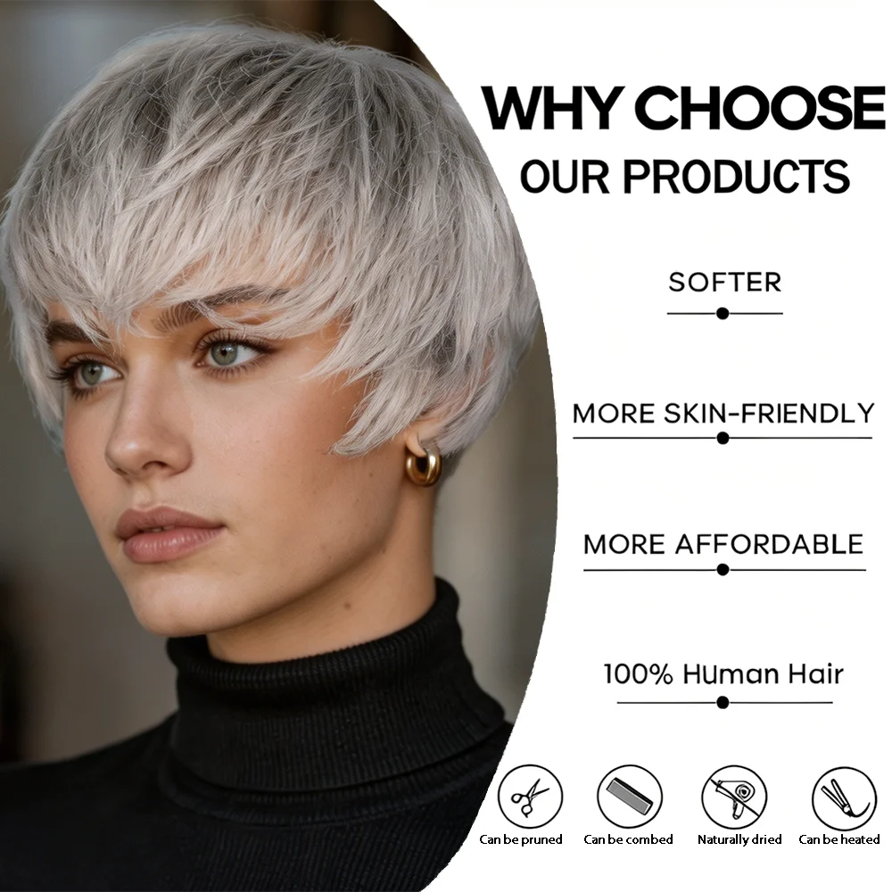 Grey Pixie Cut Human Hair Wig With Bangs For Women