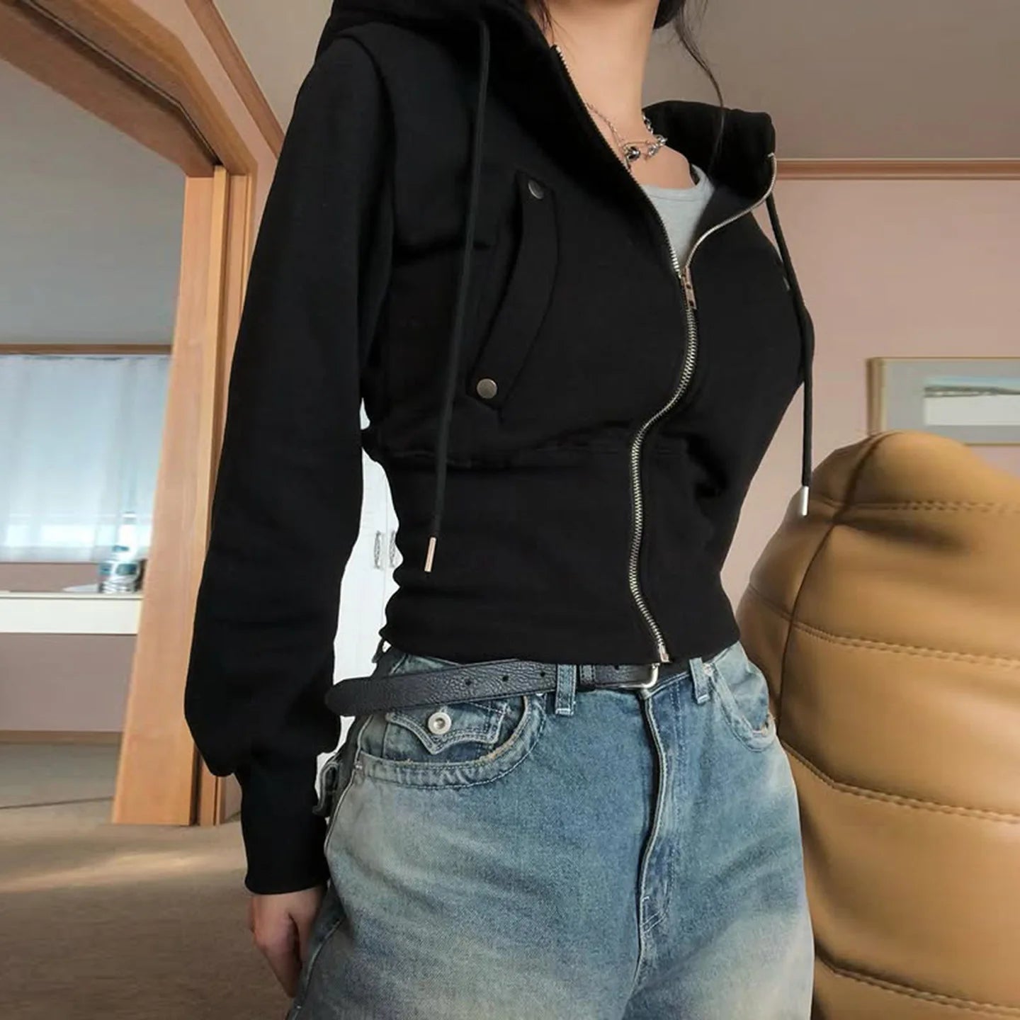 Y2K Winter Fashion Streetwear Women's Black Zip - Up Hoodie With Trendy Casual Long Sleeve Cropped Jacket Style Party