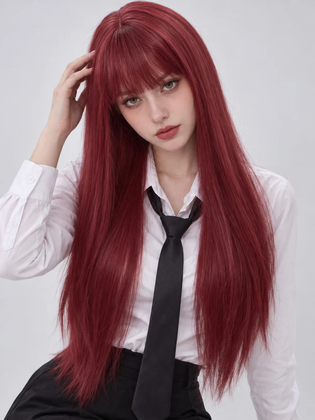 Long Straight Dark Red Cosplay Wig With Bangs for Women