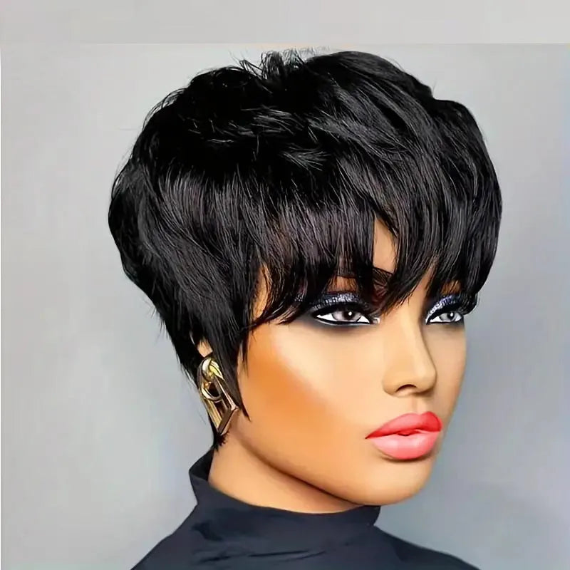 Layered Human Hair Pixie Bob Wig With Bangs for Women