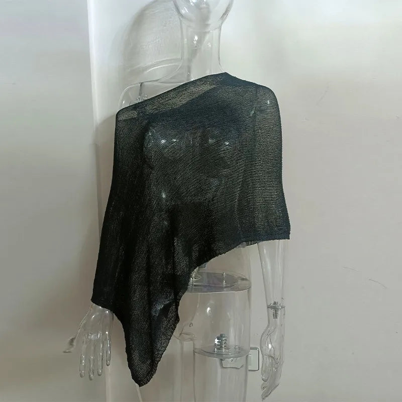 Sheer Knit O Neck Asymmetrical Loose Blouse for Women
