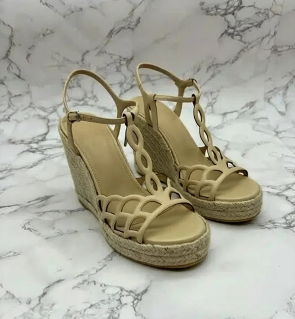 Leather Cutout T Strap Wedge Sandals