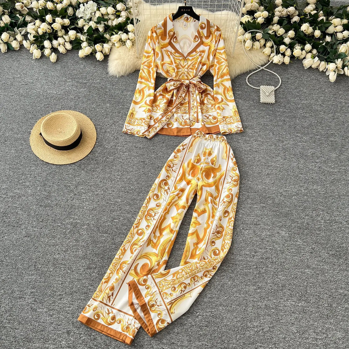 Casual Turn Down Collar Two Piece Pants Set for Women