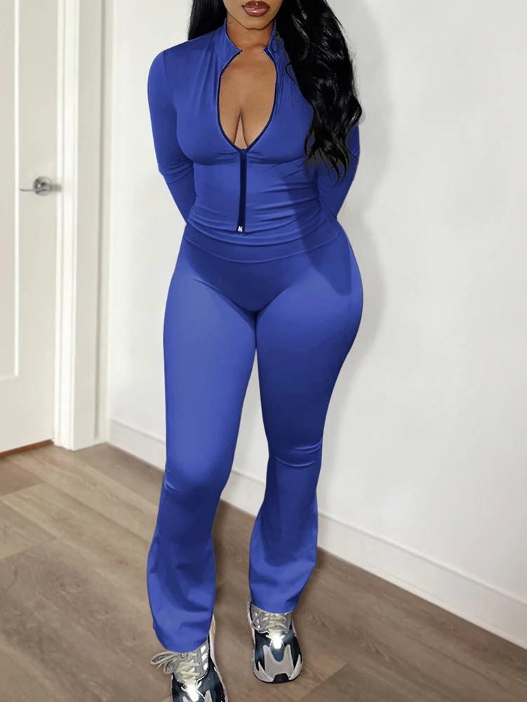 Zip Up Crop Top and High Waist Pants Tracksuit Set for Women
