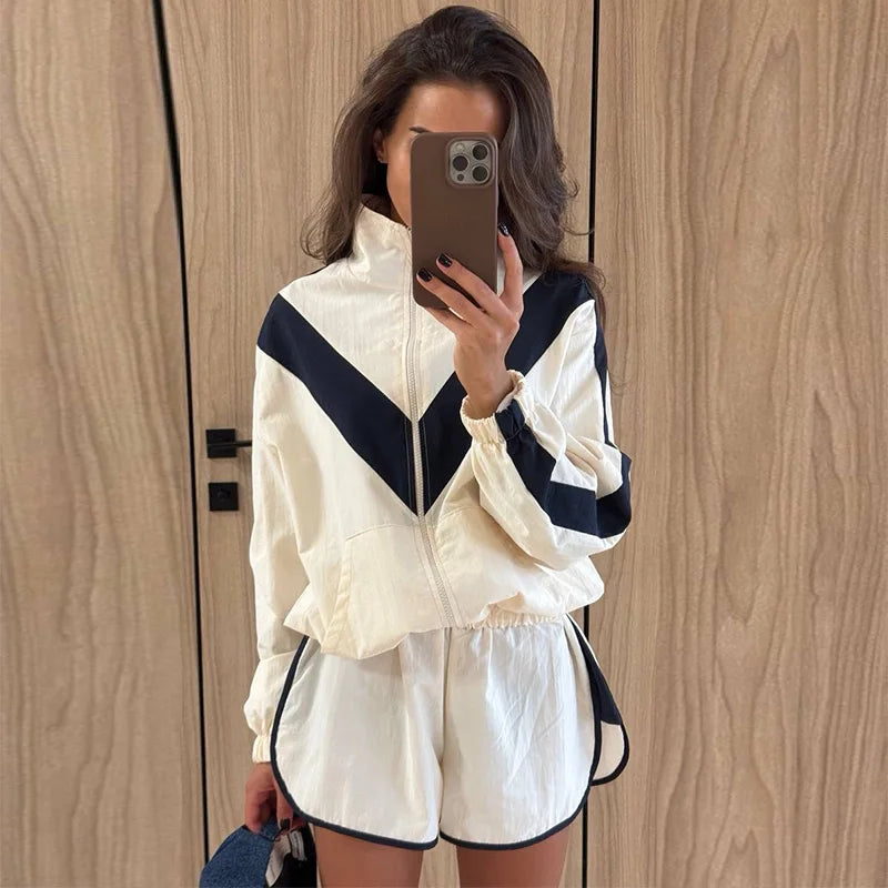 Color Block Zip Jacket and Shorts Tracksuit for Women