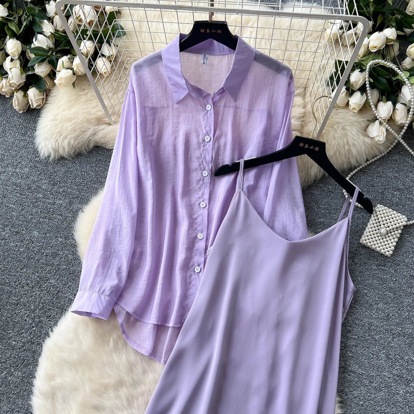 Elegant Long Sleeve Turn Down Collar Solid Color Two Piece Set for Women