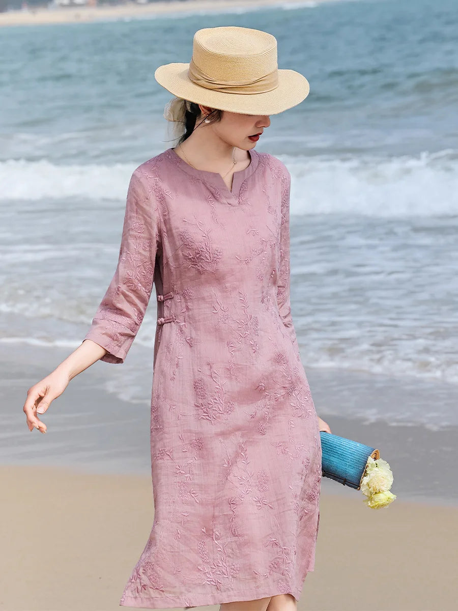 Elegant Embroidered Ramie Linen Knee Length Dress for Women