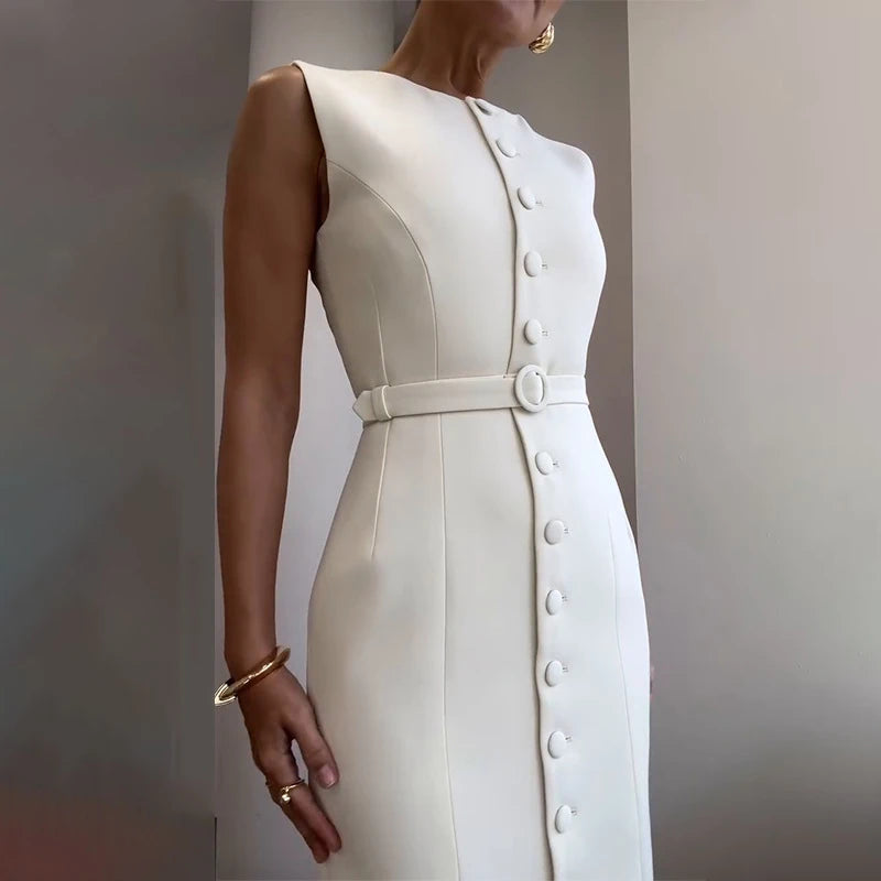 Elegant Temperament Slim Women's A-line Dress Summer Casual O Neck Button Office Dress Simple Solid Color Sleeveless Long Dress