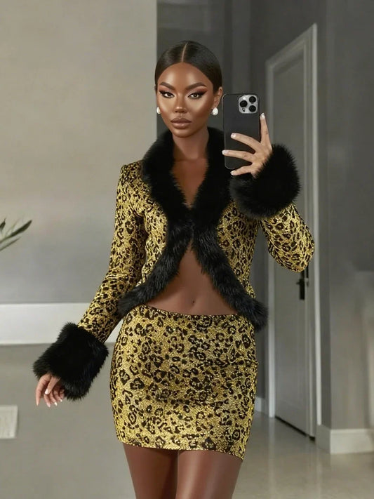 Cutenew Women 2 Piece Set Wild Fur Glitter Fluff Patchwork Cardigan Tops+Peach Hip Skirts Midnight Matching Hipster Clubwear