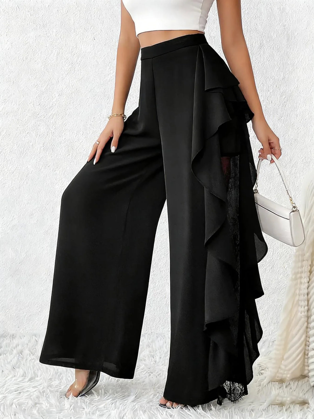 High Waisted Mesh Patchwork Wide Leg Pants for Women