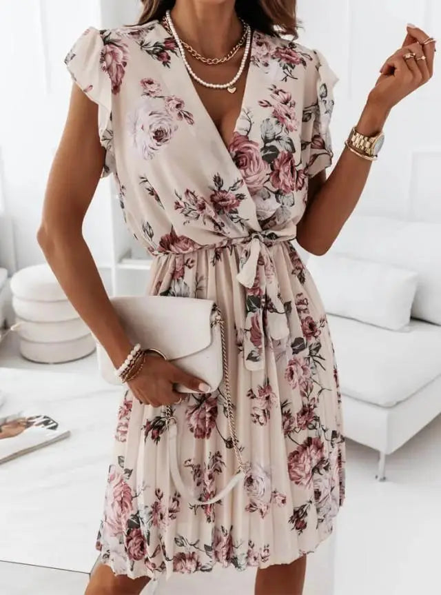 Floral Print Pleated Short Sleeve Ruffle Mini Dress for Women