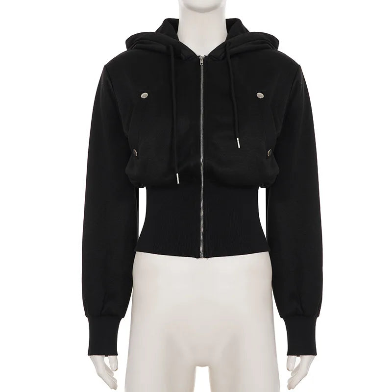 Y2K Winter Fashion Streetwear Women's Black Zip - Up Hoodie With Trendy Casual Long Sleeve Cropped Jacket Style Party