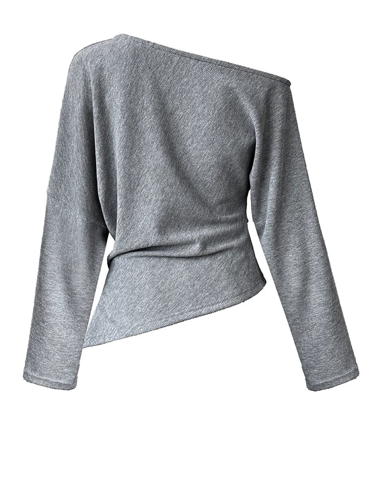 Black Pleated Asymmetrical Collar Sweatshirt for Women