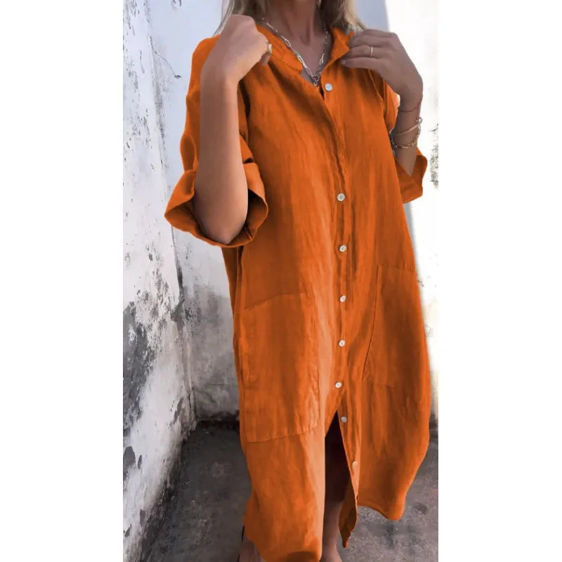 Loose Mid Calf Single Breasted Shirt Dress With Pockets For Women