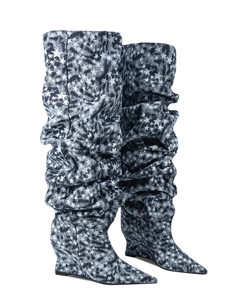 Pointed Toe Denim Over-The-Knee With Wedge Boots for Women