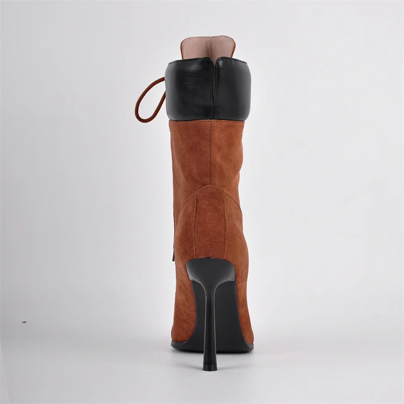 Pointed Toe Lace Up Stiletto Mid Calf Boots for Women