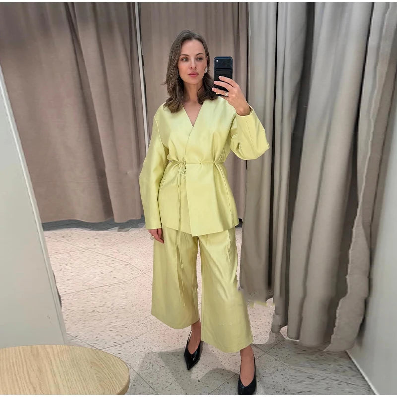 Lace Up Jacket and Wide Leg Pants Suit Set for Women