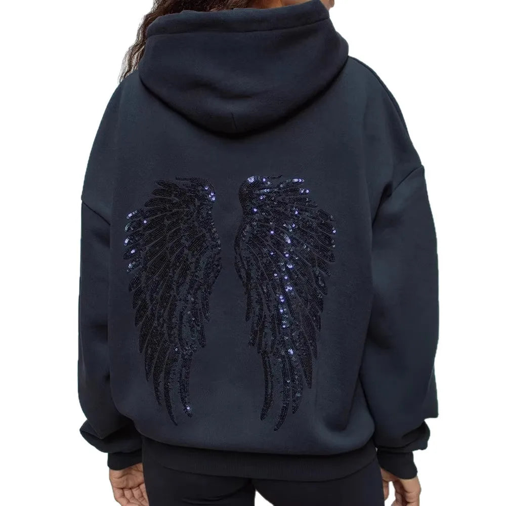 Wing Print Rhinestone Long Sleeve Pullover Hoodie for Women
