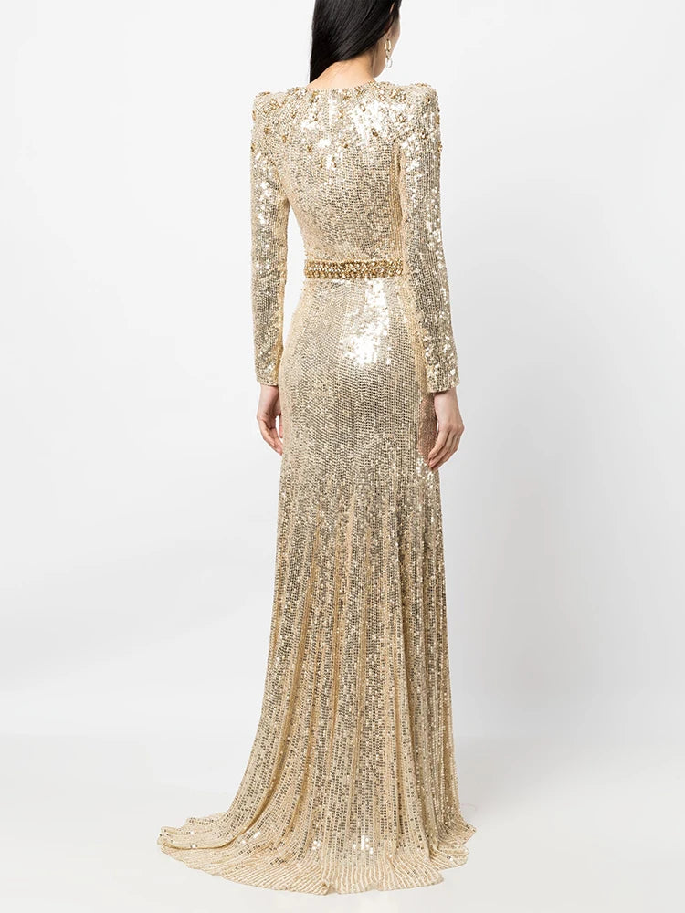 HIGH STREET Newest Fashion 2026 Designer Party Vestido Women's Long Sleeve Gold Sequined Diamonds Long Maxi Dress