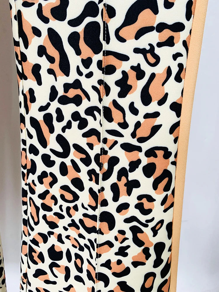 HIGH STREET Newest Fashion 2026 Designer Suit Set Women's Single Button Leopard Printed Color Block Blazer Flare Pants Suit