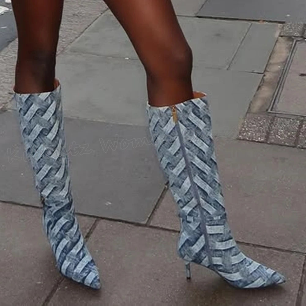 Gingham Knee High Boots Pointy Thin Heels Slip-On Belt Buckle Novelty Fashion Luxury Sexy Elegant Women Shoes Newest Mixed Color