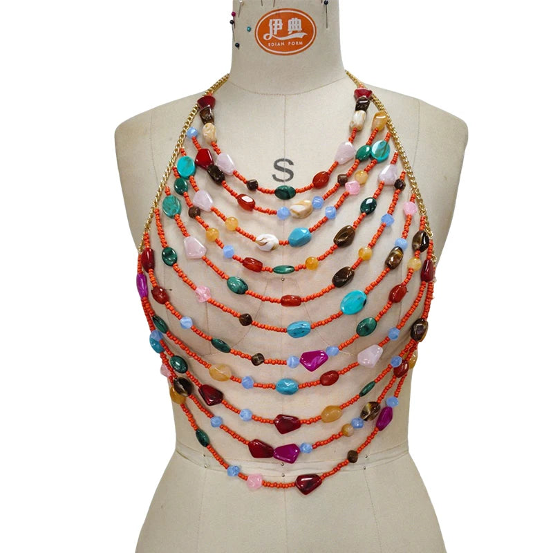 Multi Strand Gemstone Crystal Beaded Body Chain For Women