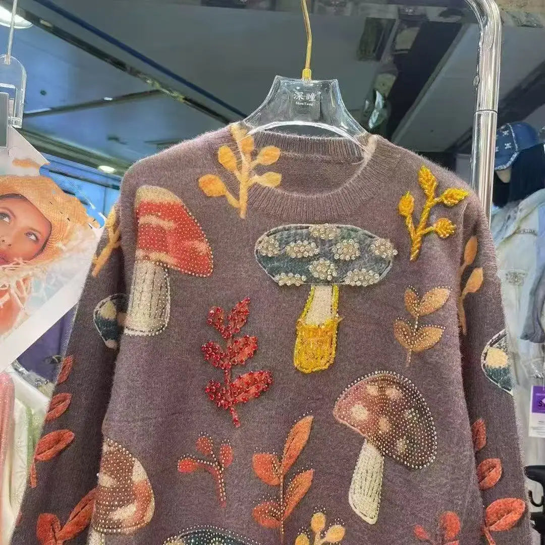 Autumn Winter 2025 Crystal Diamonds Stitch Thick Warm Sweater for Women's Trend Knit Top Outwears Knitwear Pullover pulls femme