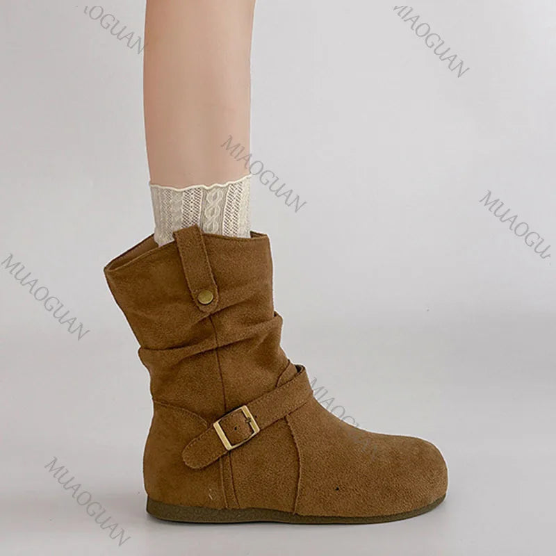 Retro Suede Buckle Slip On Western Ankle Boots for Women