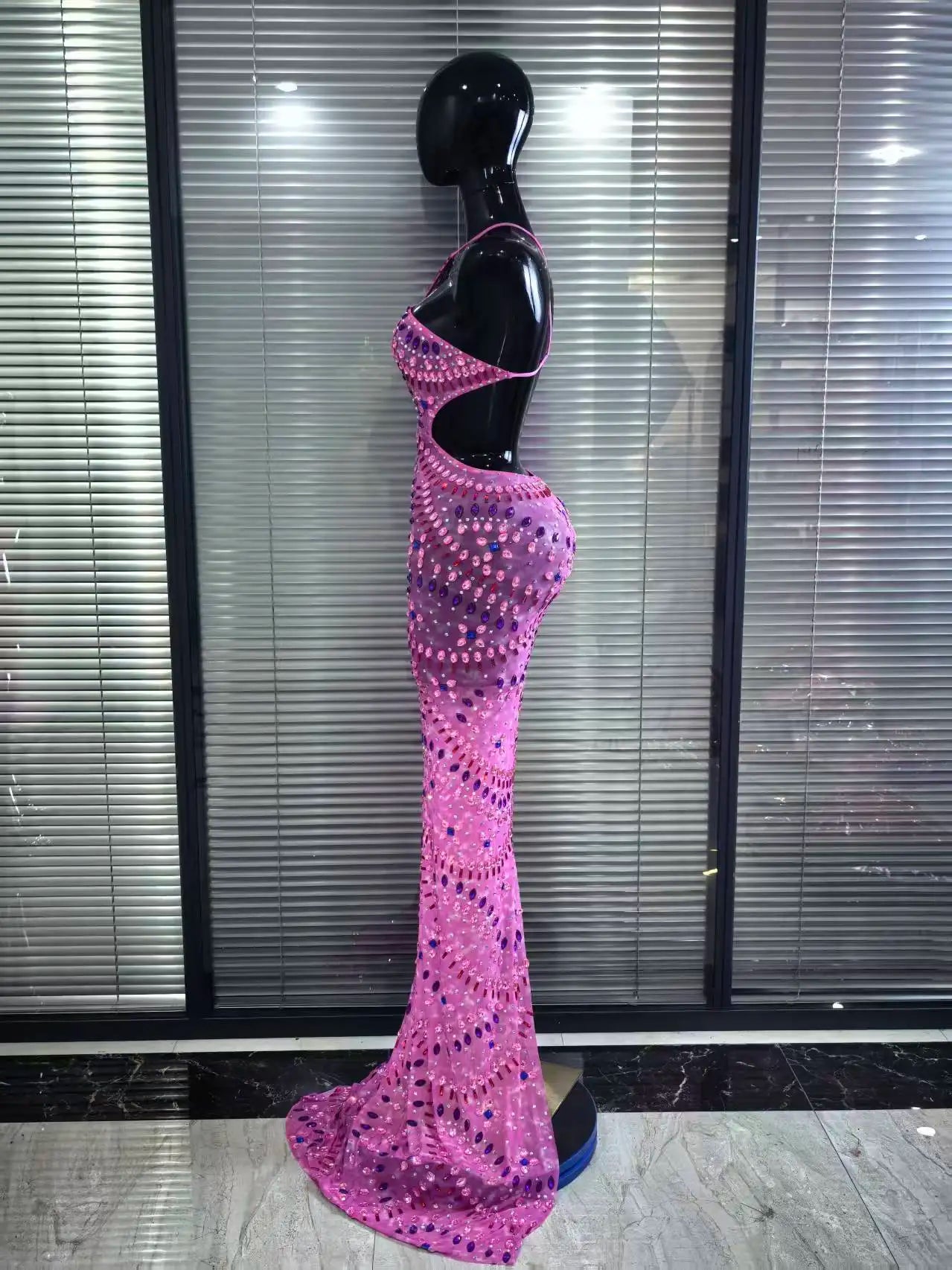 Pink Color Women Sexy Halter Backless Mesh See Through Bodycon Floor-length Mermaid Dress Birthday Party Cocktail Outfit