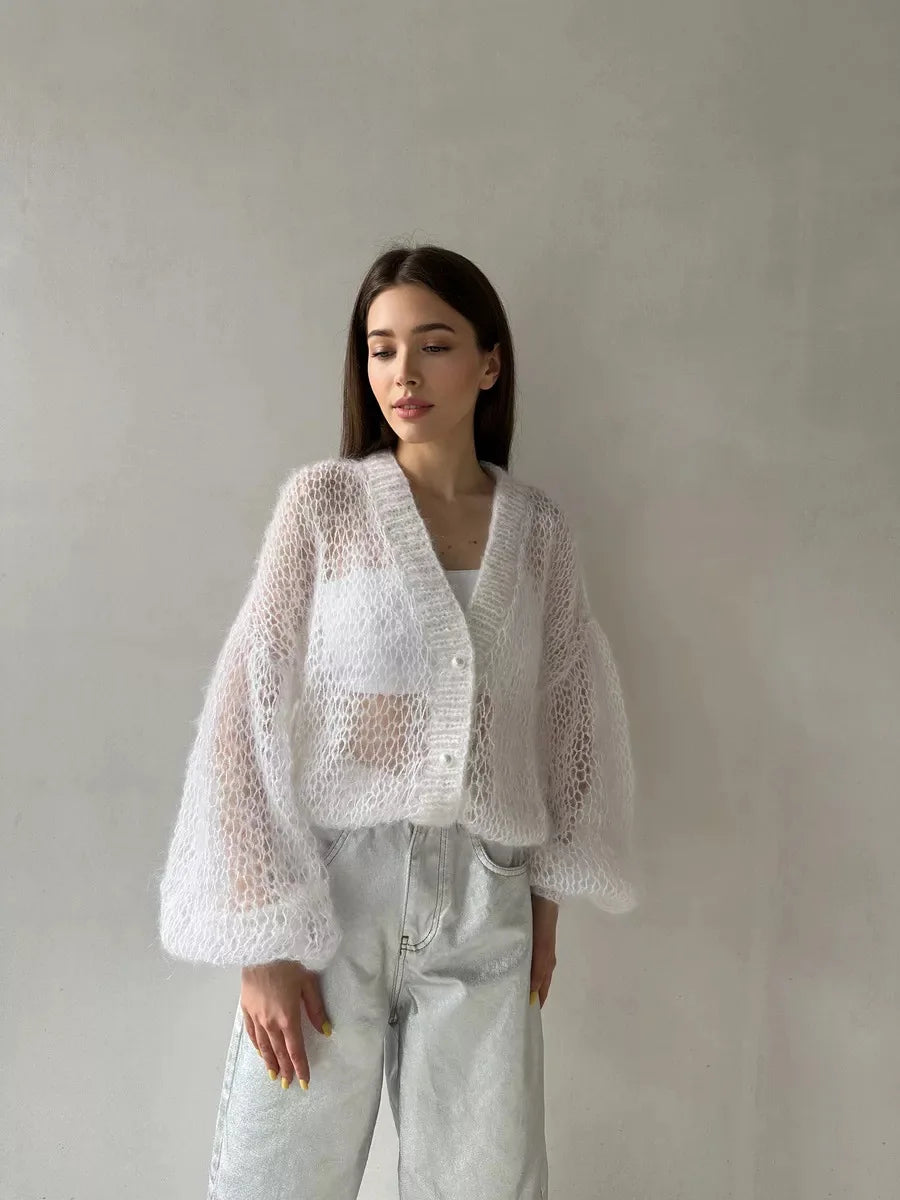 Loose Fit Open Knit V Neck Cardigan Sweater for Women