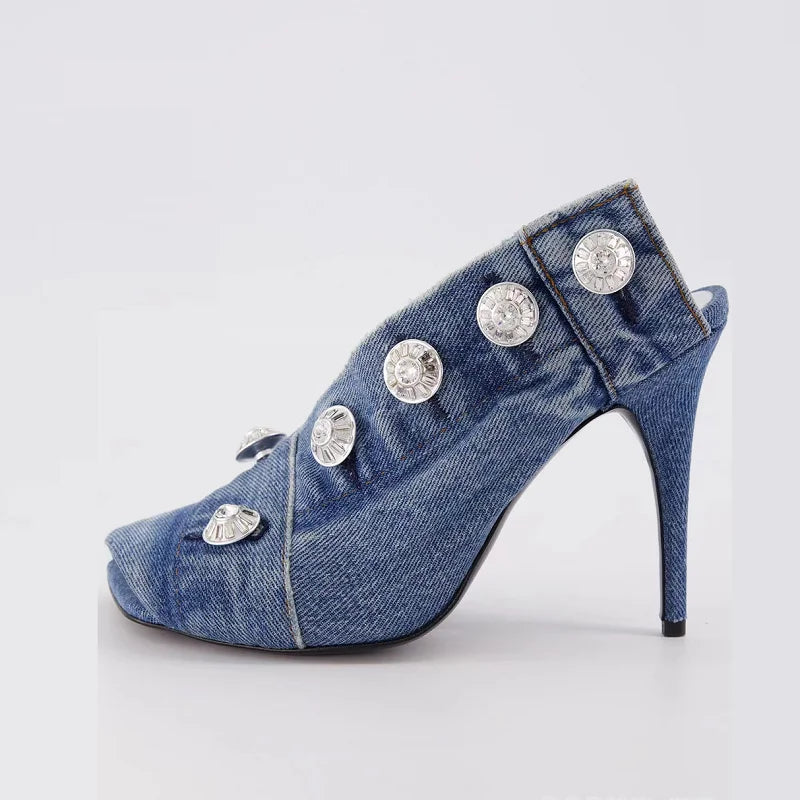 Classic Blue Denim Peep Toe Stiletto Heel Sandals for Women