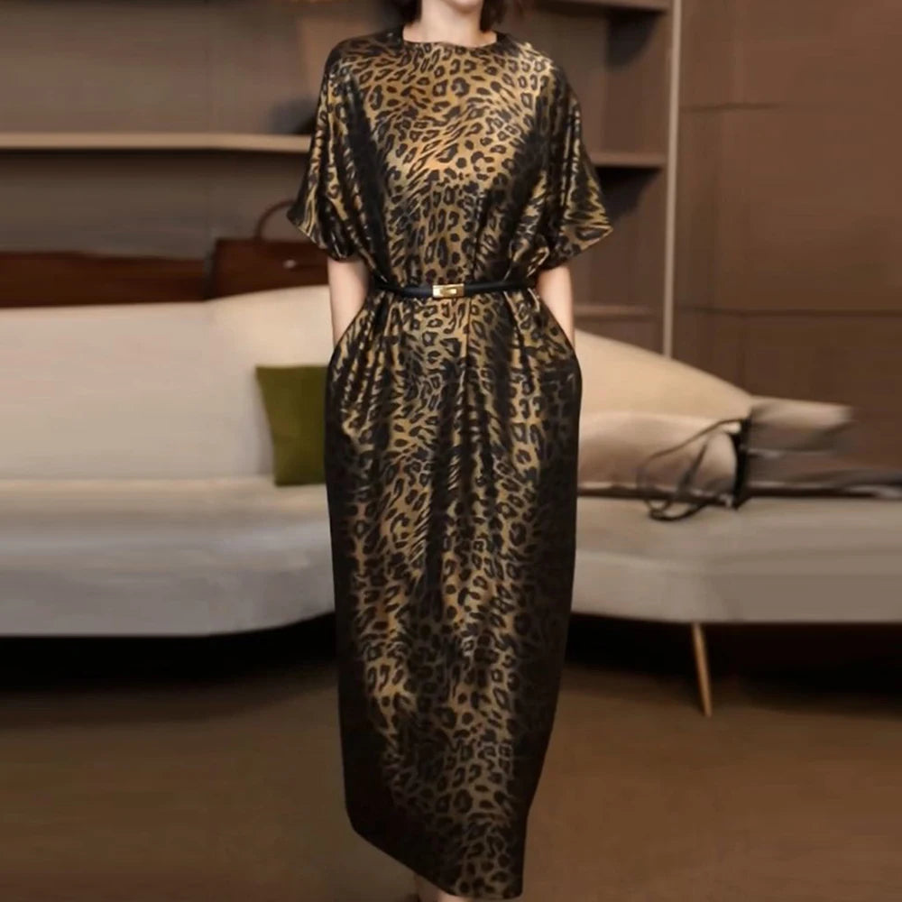 Lightweight Leopard Print V Neck Midi Dress For Women