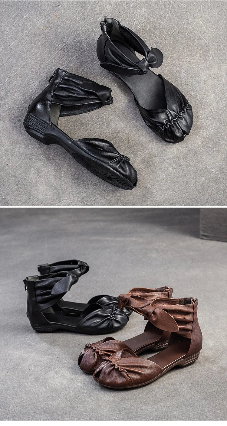 Genuine Leather Breathable Low Heel Peep Toe Sandals for Women