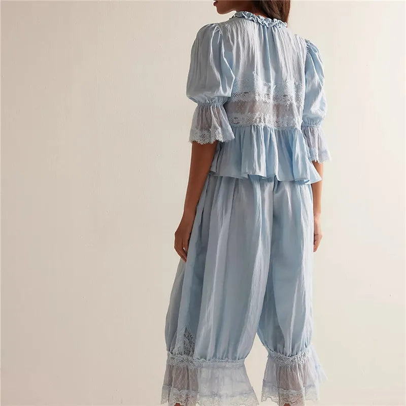 hirigin Women Lace Trim 2 Piece Pajamas Sets Y2k Bow Tie Front Short Sleeve Shirts + Ruffle Flared Lantern Pants Loungewear