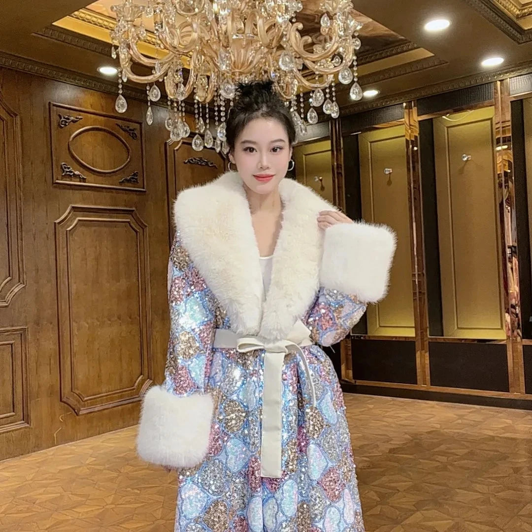 Faux Fur Coat for Women,Adjustable Waist Long Jacket,V-Neck Outwear,Sequins,Spliced,Luxury,Autumn and Winter