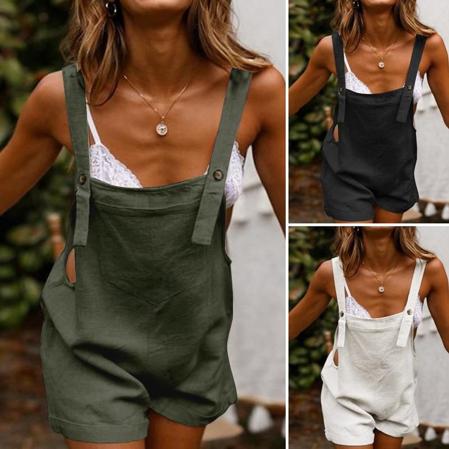 New Women Cotton and Hemp Loose Button Casual Backband Pants  Square Neck Sleeveless Shorts jumpsuit White/Black/Military Green