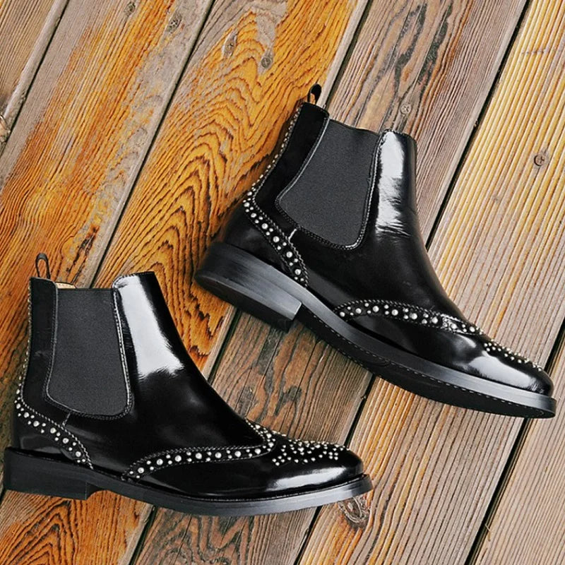Rivet Patent Leather Slip On Ankle Boots for Women