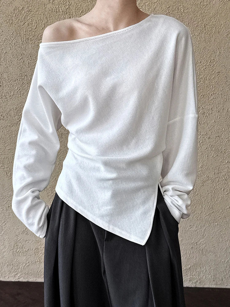 Black Pleated Asymmetrical Collar Sweatshirt for Women