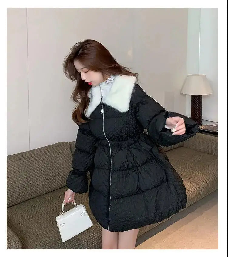 Women Cotton Padded Jacket Coat Female Winter Student Clothing Big Fur Collar Fashionable Medium To Long Parkas