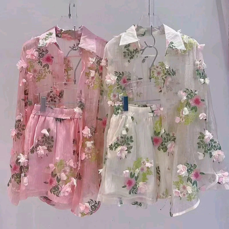 Breathable Embroidered Floral Chiffon Two Piece Set for Women