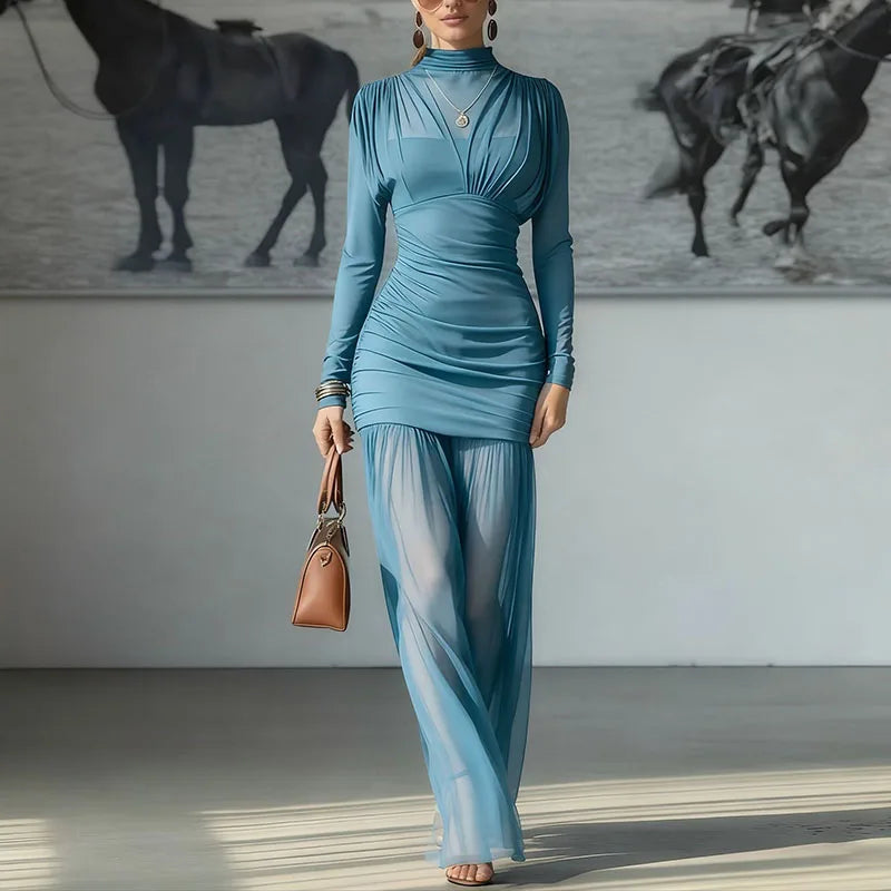 2026 Spring Turtleneck Splicing Chiffon Long Dress Woman Sexy Hollow Slim Pleated Dress New Long Sleeve Mesh Elegant Party Dress