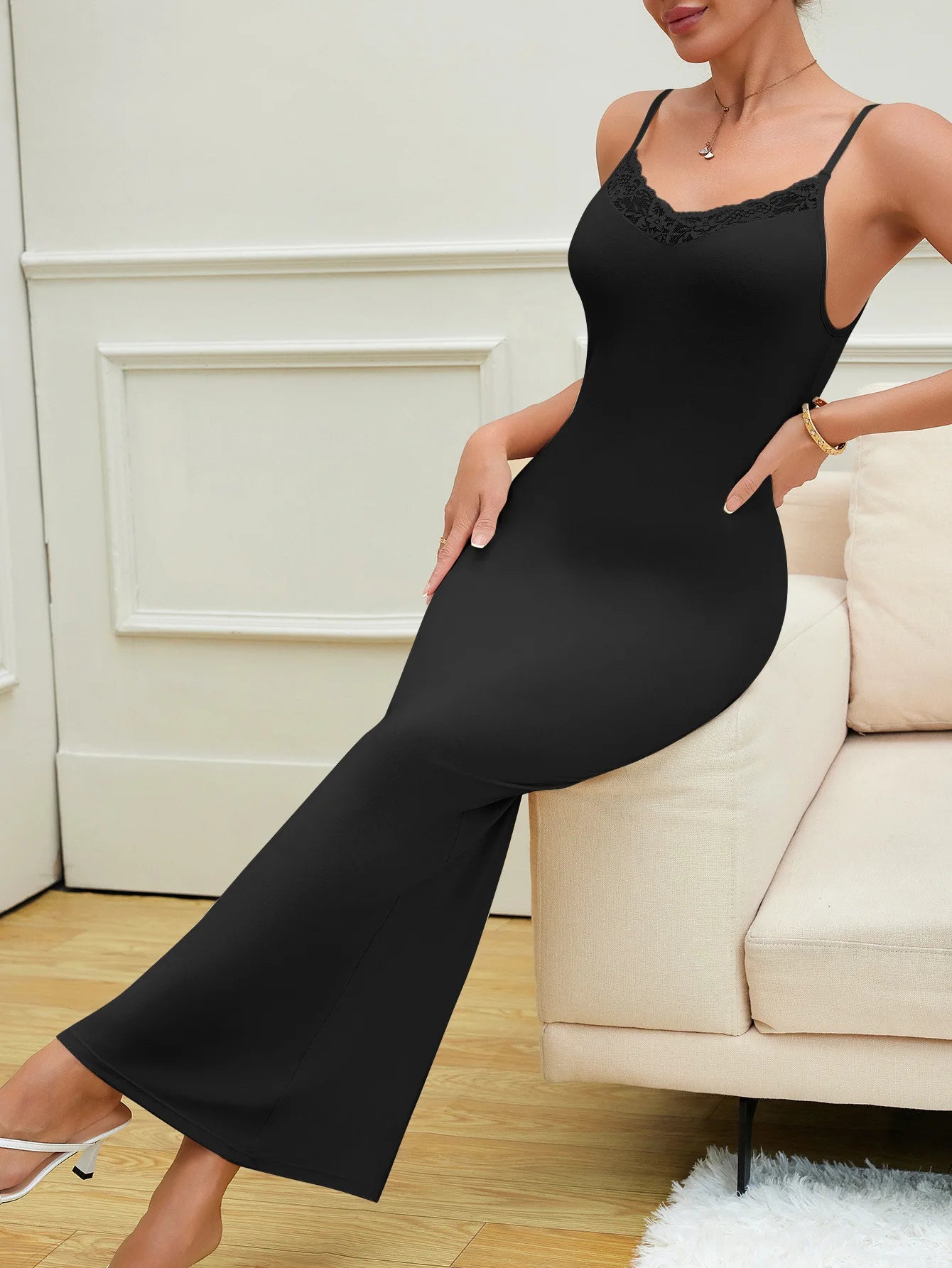 Sleeveless V Neck Lace Splice Sling Maxi Dress for Women