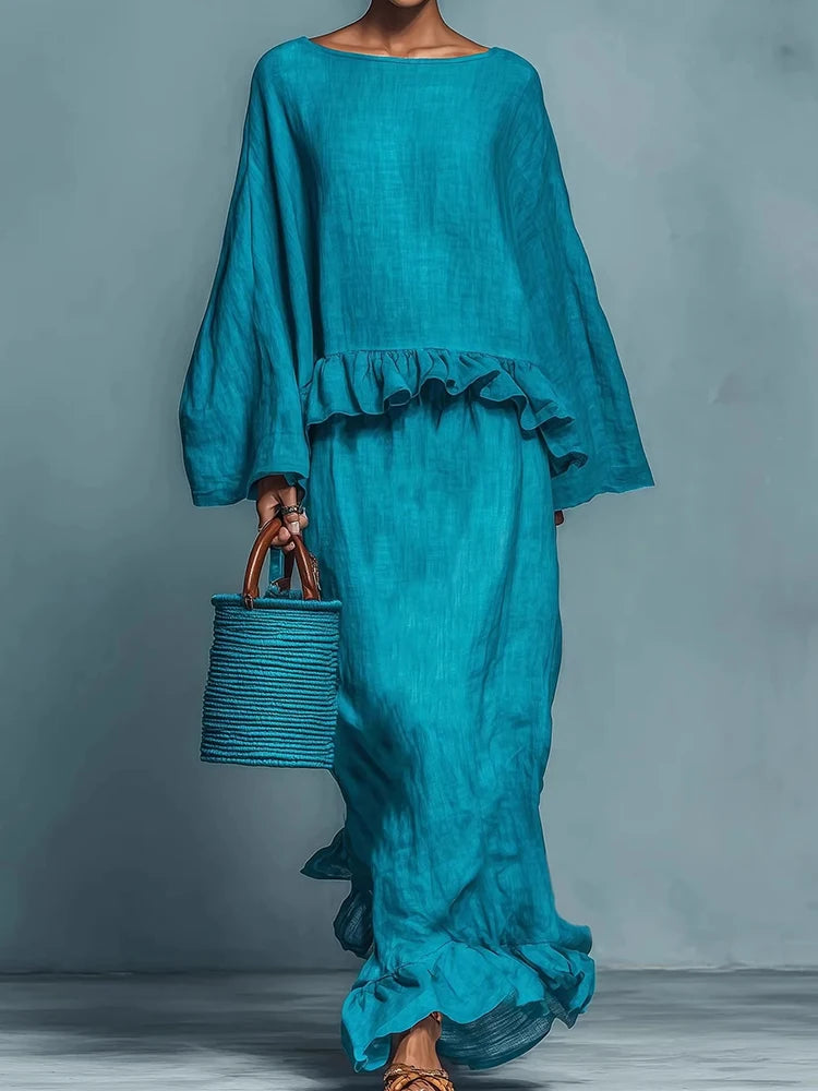 O Neck Long Sleeve Two Piece Maxi Skirt Set for Women