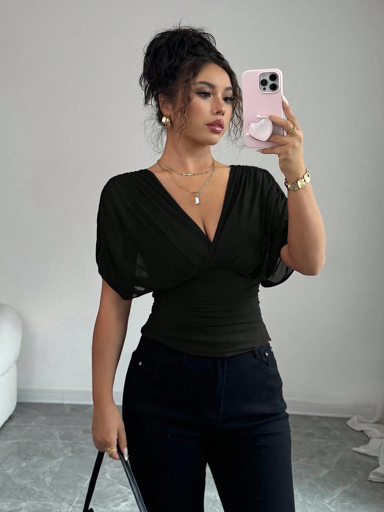 Elegant Deep V Neck Flutter Sleeve Waist Cinching Top for Women