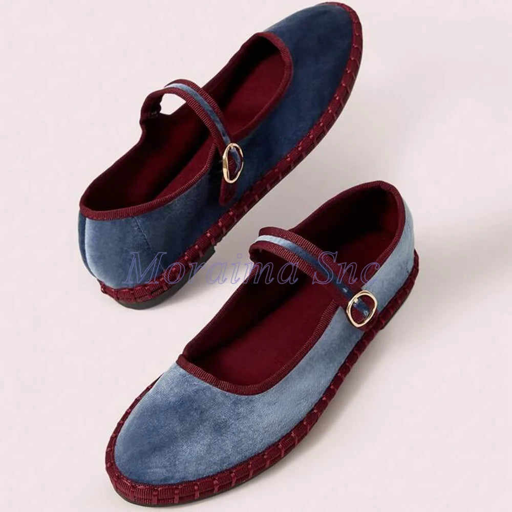 Round Toe Grey Velvet Mary Jane Ballet Flats for Women