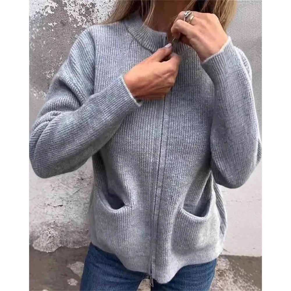 Women's Round Neck Zipper Design Long Sleeve Sweater Top Ladies Casual Fashion Cardigan Autumn