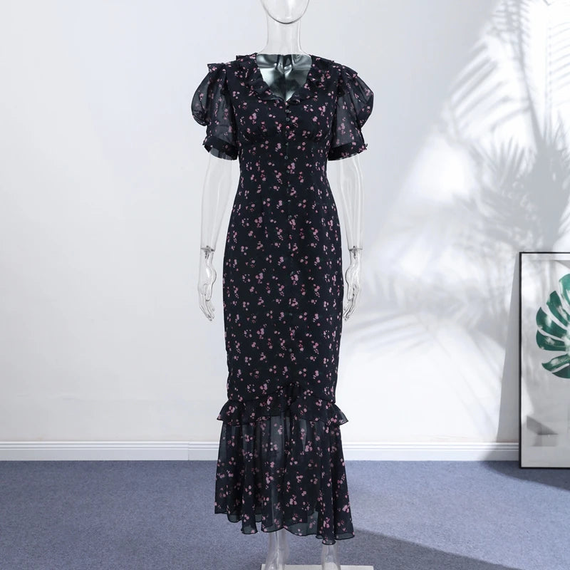 Printed Lace Trim V Neck Puff Sleeve Maxi Dress for Women