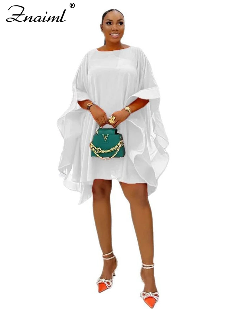 Znaiml Elegant African Party Cloak Mini Dress Women Fashion O Neck Batwing Sleeves Cape Loose Dresses Summer Birthday Clubwear