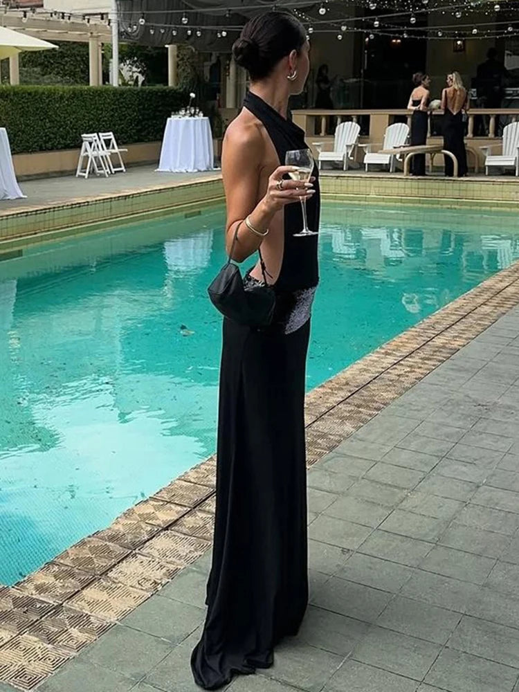 Sisterlinda Backless Fashion Dresses Elegant Halter Patchwork Draped Maxi Bodycon Female Solid Simple Evening Party Frock New